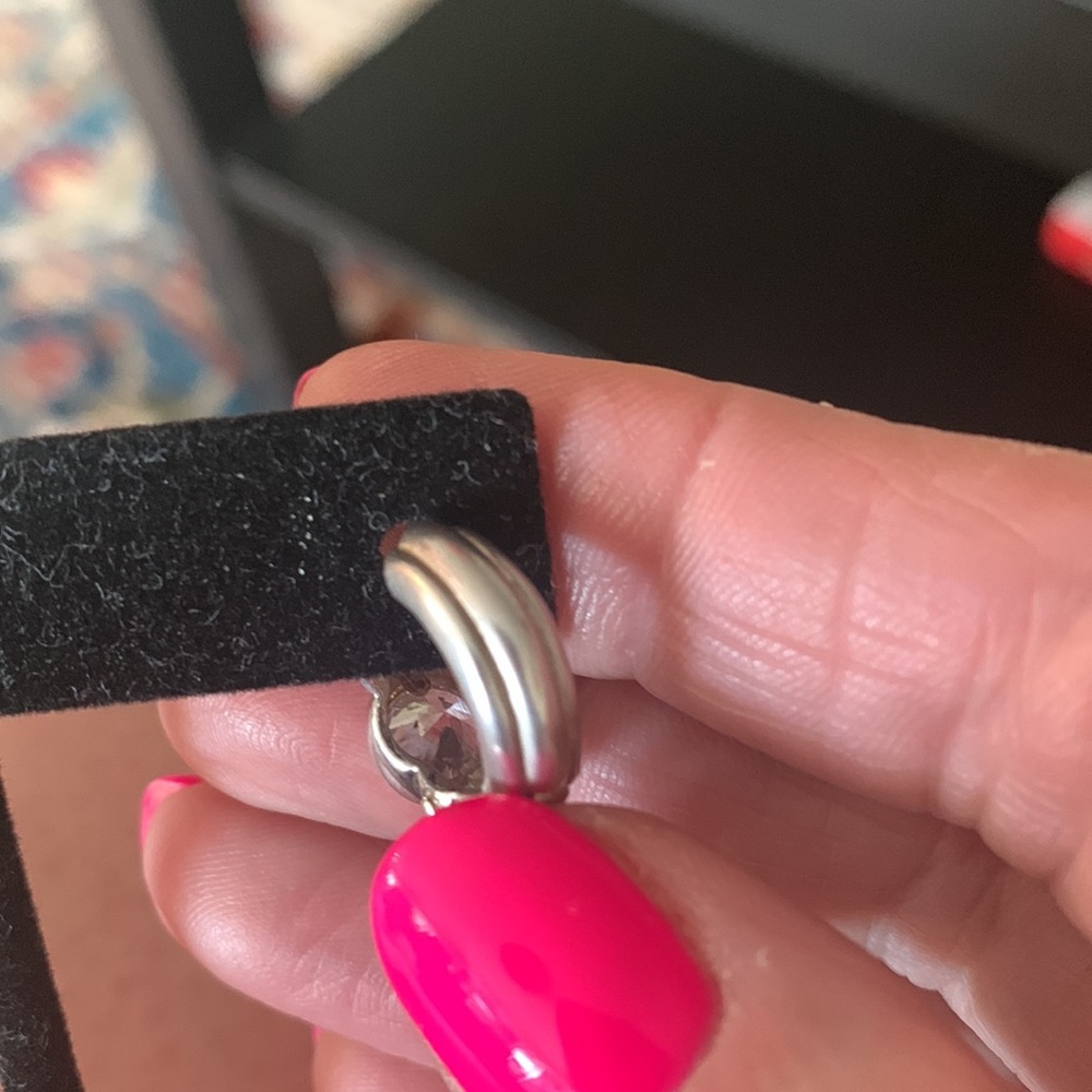 Silver huggy earrings. Center bezel  clear stone with Gold beading surround. - Picture 6 of 6